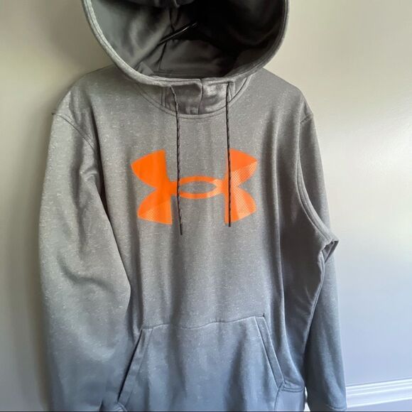 Men’s Under Armour Loose Hoodie sweatshirt size Medium M big logo gray orange - Picture 2 of 4